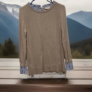 LOFT Outlet Layered Look Sweater | Taupe w/ Blue & White Stripe Detail | Size L